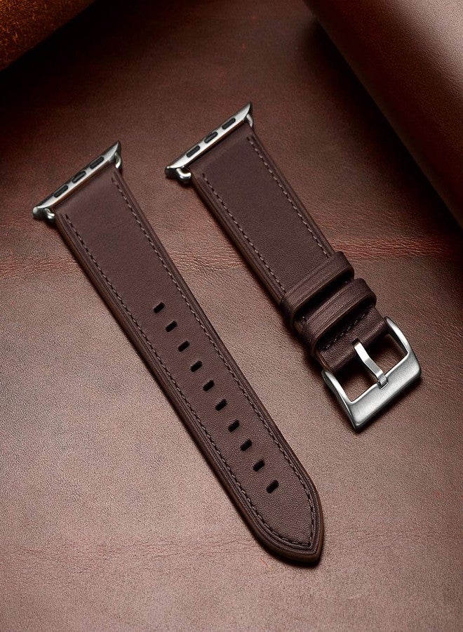 OUHENG Leather Bands Compatible with Apple Watch Band 49mm/46mm/45mm/44mm/42mm, Genuine Leather Strap for iWatch Series 11/10/9/8/7/6/5/4/3/2/1 & Ultra 3/2/1 & SE3 SE2 SE, Chocolate Brown/Silver - Image 5